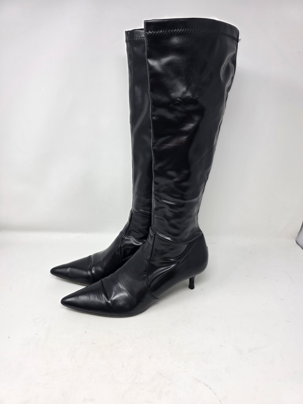 Donald J Pliner Black Leather Knee High Stretch Boots Pointed, Silver Heel 7.5